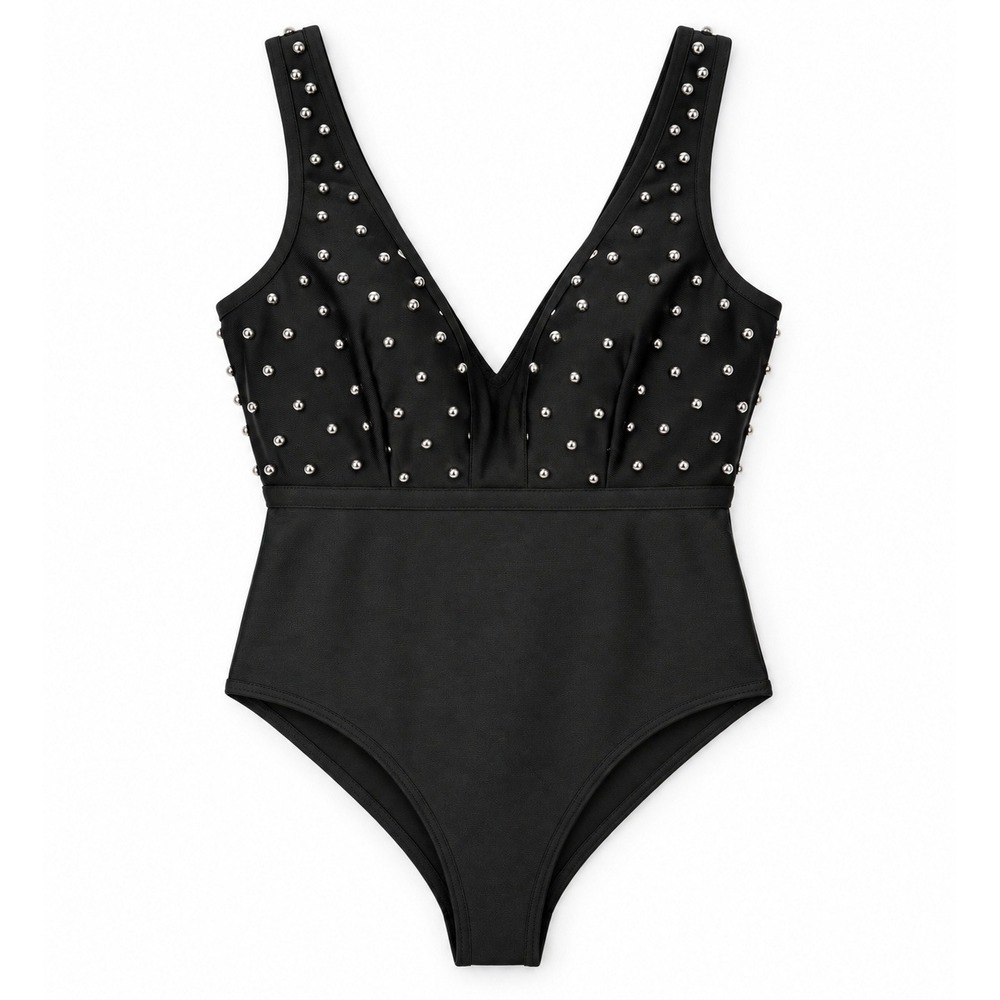 Superdown Black Studded V-Neck Bandage Bodysuit Sleeveless Thong Back Zip NEW